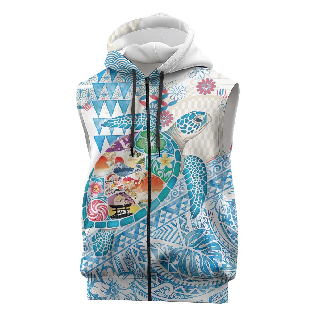 Hawaiian and Japanese Culture Together Sleeveless Zip Hoodie Tropical Honu with Japanese Elements Blue Color LT03 Blue - Polynesian Pride