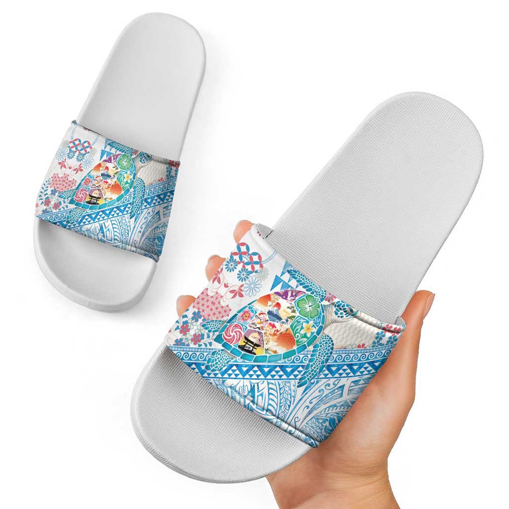 Hawaiian and Japanese Culture Together Slide Sandals Tropical Honu with Japanese Elements Blue Color LT03 - Polynesian Pride