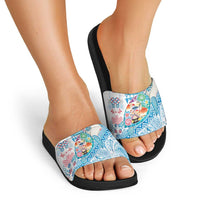 Hawaiian and Japanese Culture Together Slide Sandals Tropical Honu with Japanese Elements Blue Color LT03 - Polynesian Pride