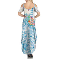 Hawaiian and Japanese Culture Together Summer Maxi Dress Tropical Honu with Japanese Elements Blue Color LT03 - Polynesian Pride