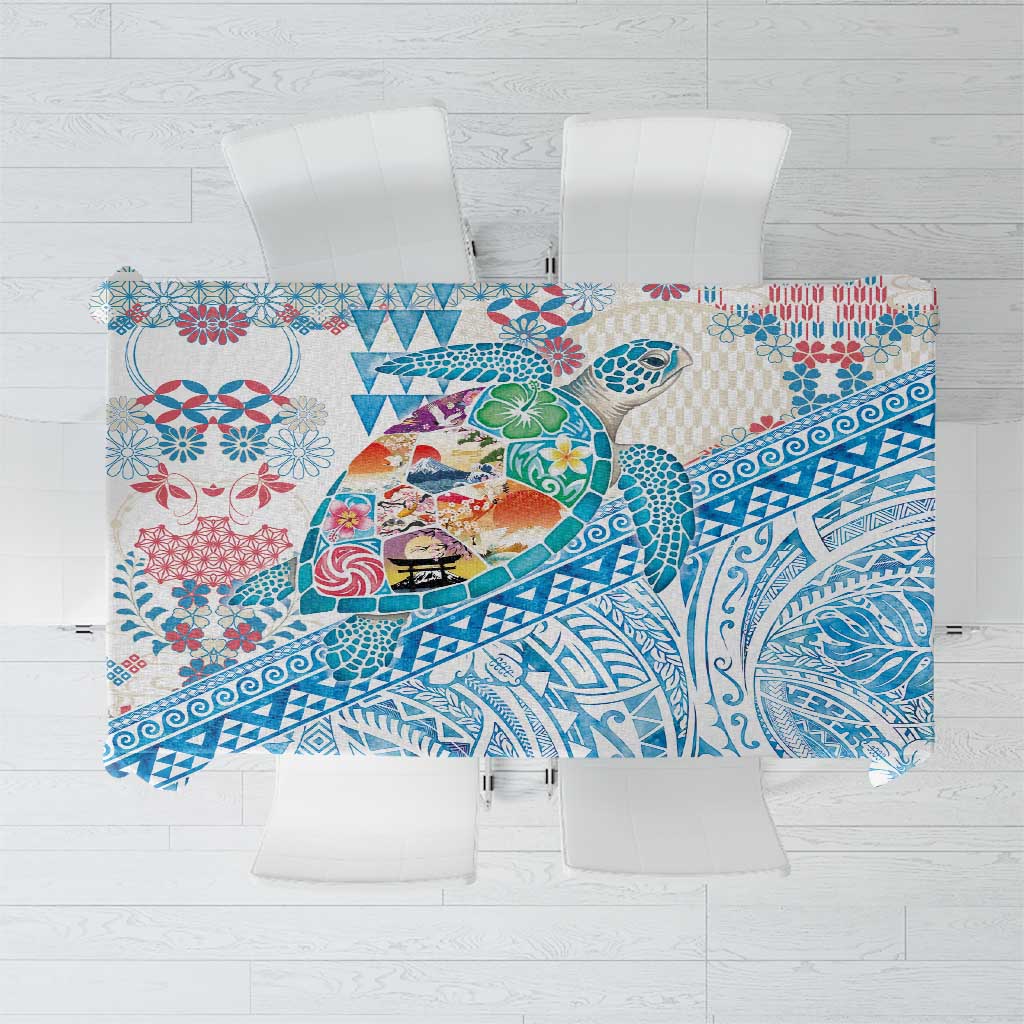 Hawaiian and Japanese Culture Together Tablecloth Tropical Honu with Japanese Elements Blue Color LT03 Blue - Polynesian Pride