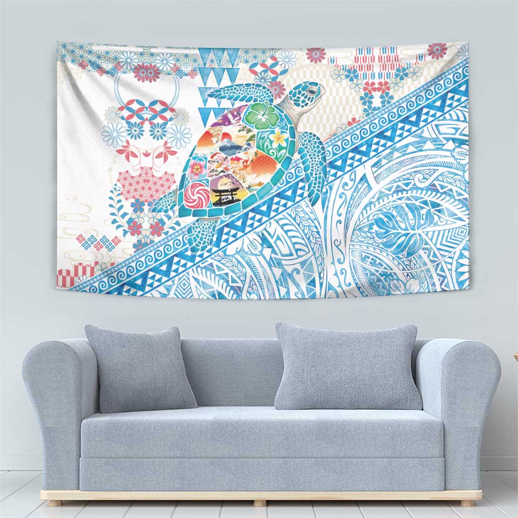 Hawaiian and Japanese Culture Together Tapestry Tropical Honu with Japanese Elements Blue Color LT03 - Polynesian Pride