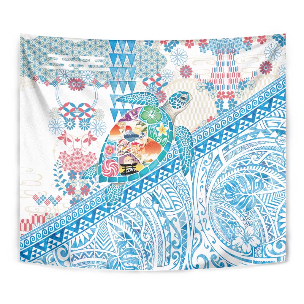 Hawaiian and Japanese Culture Together Tapestry Tropical Honu with Japanese Elements Blue Color LT03 - Polynesian Pride