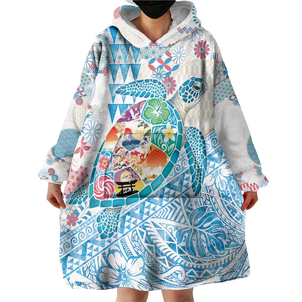 Hawaiian and Japanese Culture Together Wearable Blanket Hoodie Tropical Honu with Japanese Elements Blue Color