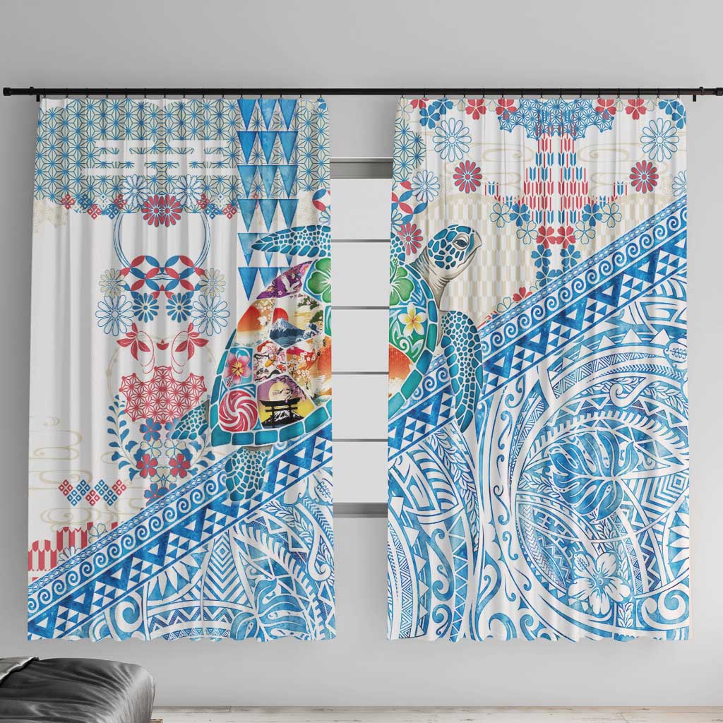 Hawaiian and Japanese Culture Together Window Curtain Tropical Honu with Japanese Elements Blue Color LT03 With Hooks Blue - Polynesian Pride