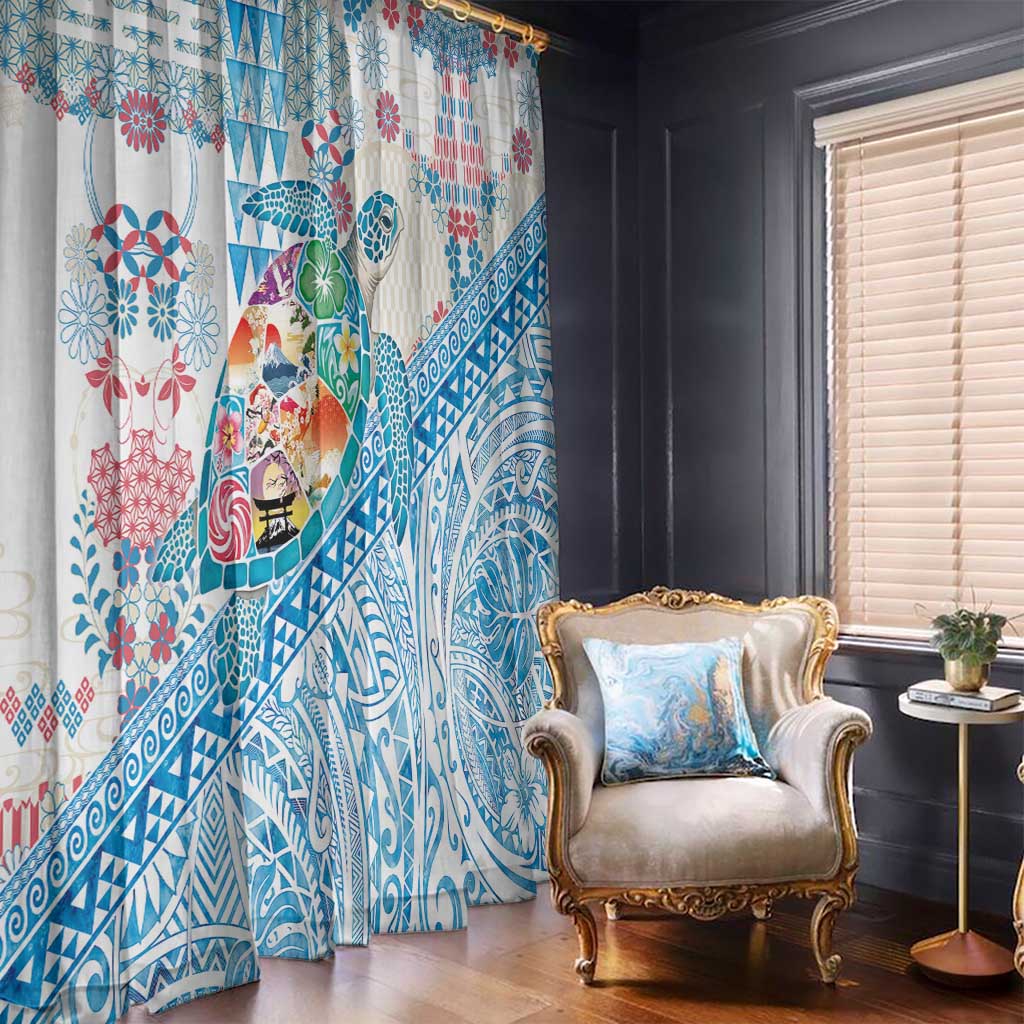 Hawaiian and Japanese Culture Together Window Curtain Tropical Honu with Japanese Elements Blue Color LT03 - Polynesian Pride