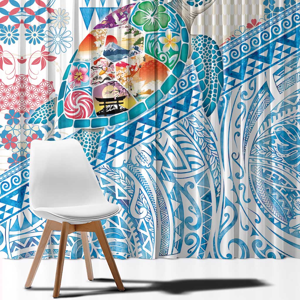 Hawaiian and Japanese Culture Together Window Curtain Tropical Honu with Japanese Elements Blue Color LT03 - Polynesian Pride