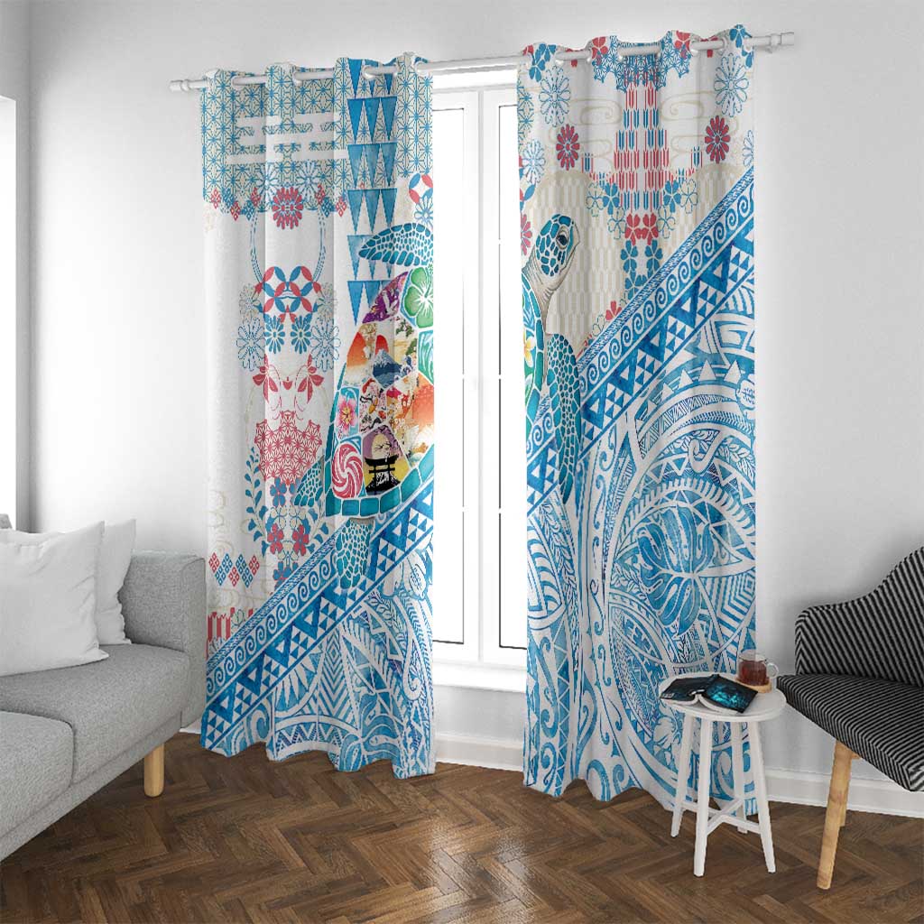Hawaiian and Japanese Culture Together Window Curtain Tropical Honu with Japanese Elements Blue Color LT03 With Grommets Blue - Polynesian Pride