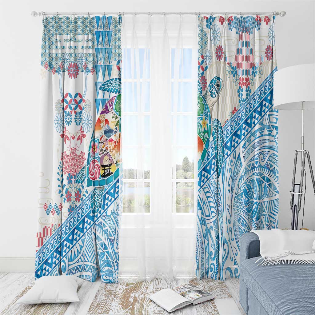 Hawaiian and Japanese Culture Together Window Curtain Tropical Honu with Japanese Elements Blue Color LT03 - Polynesian Pride