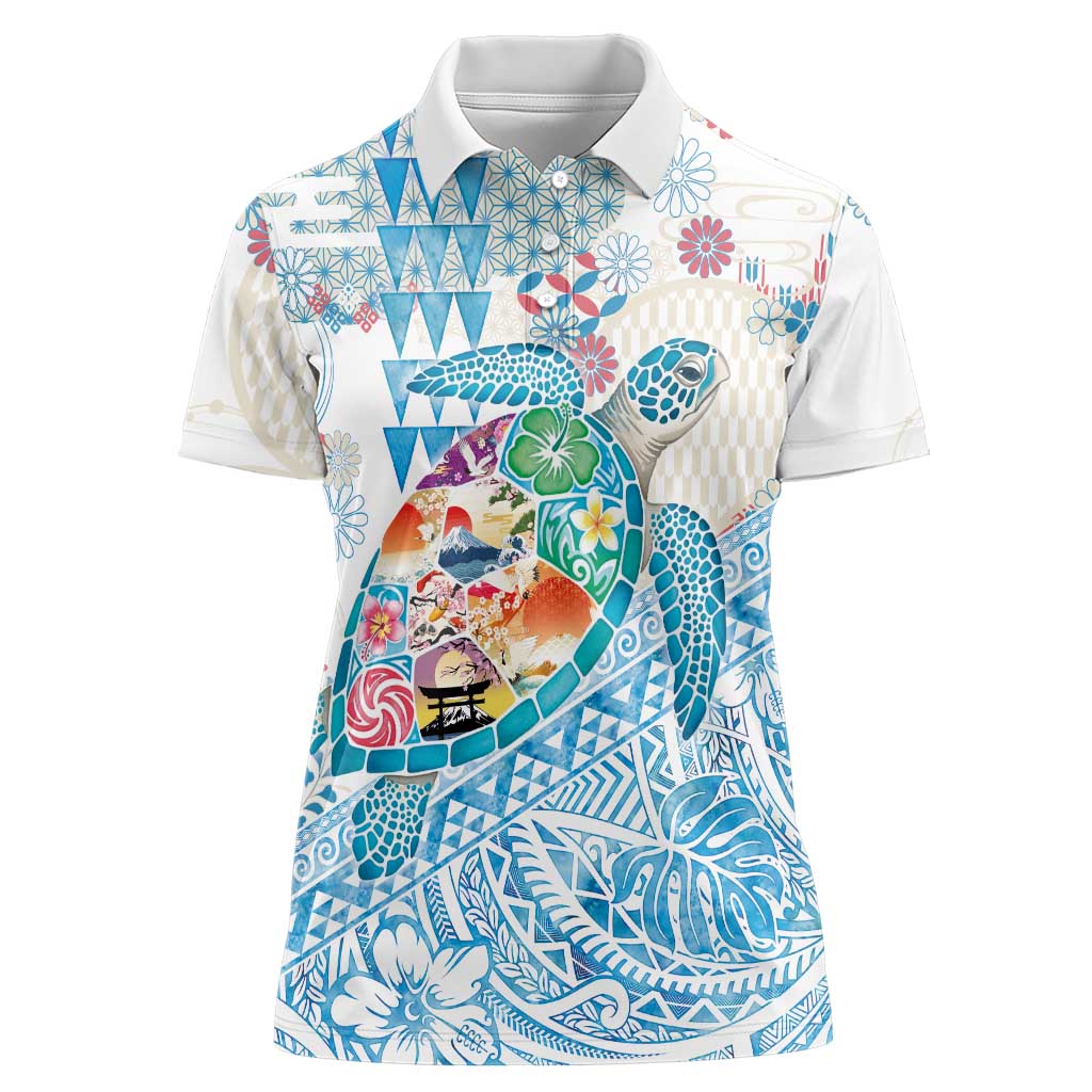 Hawaiian and Japanese Culture Together Women Polo Shirt Tropical Honu with Japanese Elements Blue Color LT03 Female Blue - Polynesian Pride