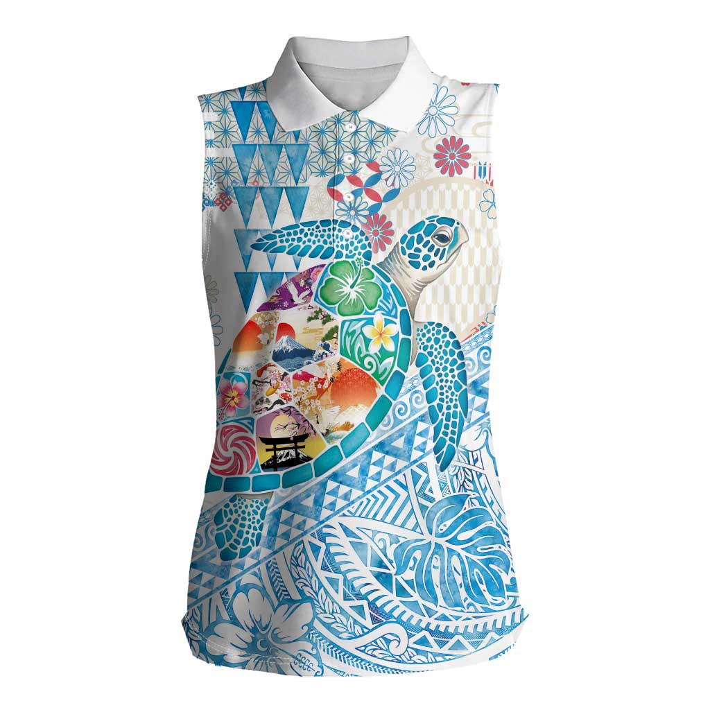 Hawaiian and Japanese Culture Together Women Sleeveless Polo Shirt Tropical Honu with Japanese Elements Blue Color LT03 Female Blue - Polynesian Pride