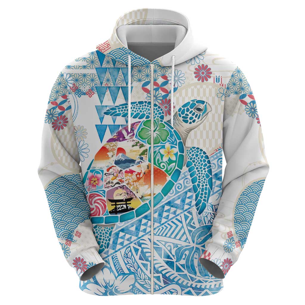 Hawaiian and Japanese Culture Together Zip Hoodie Tropical Honu with Japanese Elements Blue Color LT03 - Polynesian Pride