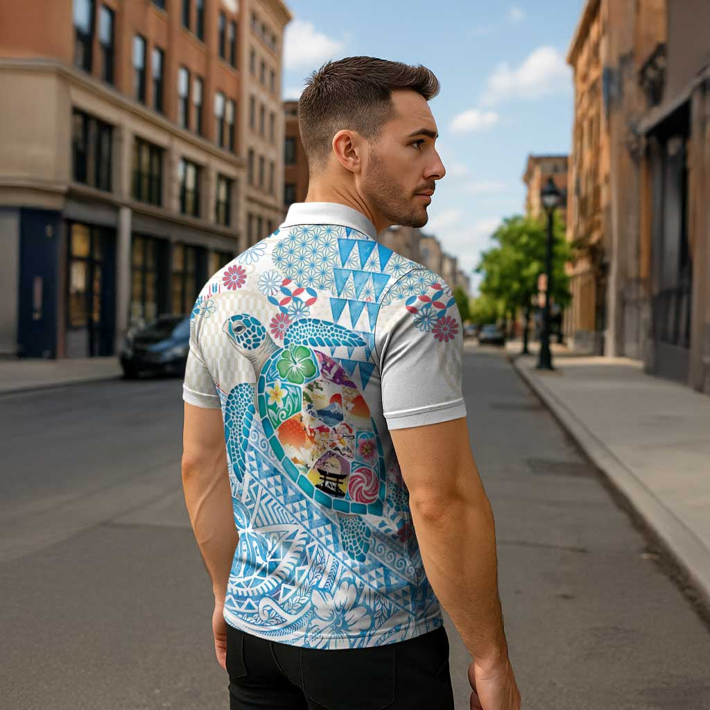 Hawaiian and Japanese Culture Together Zipper Polo Shirt Tropical Honu with Japanese Elements Blue Color