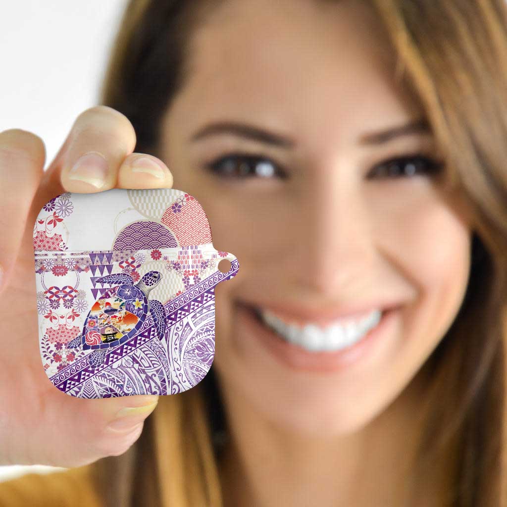 Hawaiian and Japanese Culture Together AirPods Case Tropical Honu with Japanese Elements Purple Color