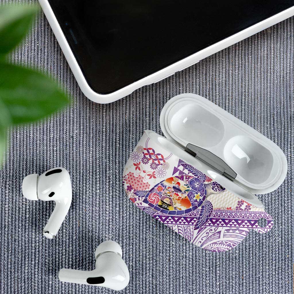 Hawaiian and Japanese Culture Together AirPods Case Tropical Honu with Japanese Elements Purple Color