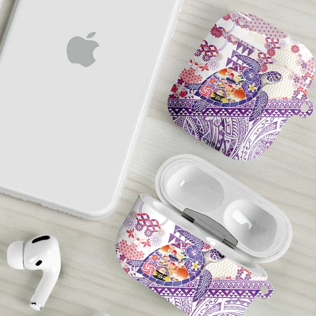Hawaiian and Japanese Culture Together AirPods Case Tropical Honu with Japanese Elements Purple Color