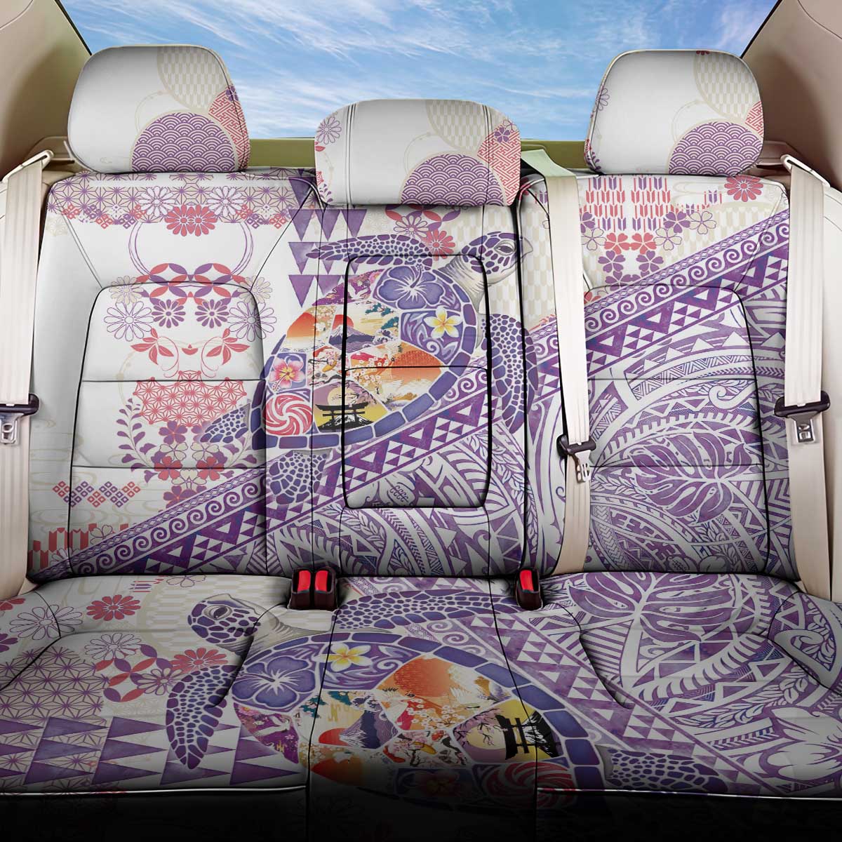 Hawaiian and Japanese Culture Together Back Car Seat Cover Tropical Honu with Japanese Elements Purple Color LT03 One Size Purple - Polynesian Pride