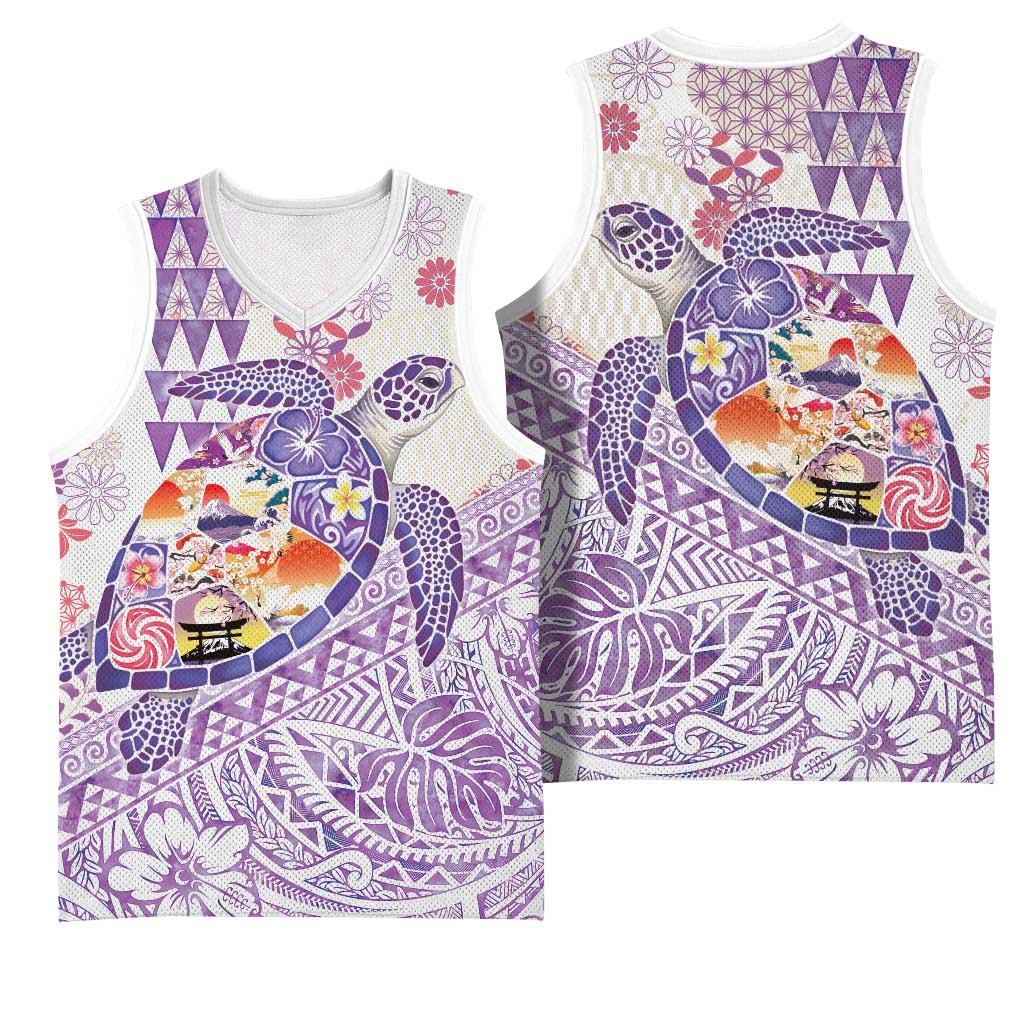 Hawaiian and Japanese Culture Together Basketball Jersey Tropical Honu with Japanese Elements Purple Color