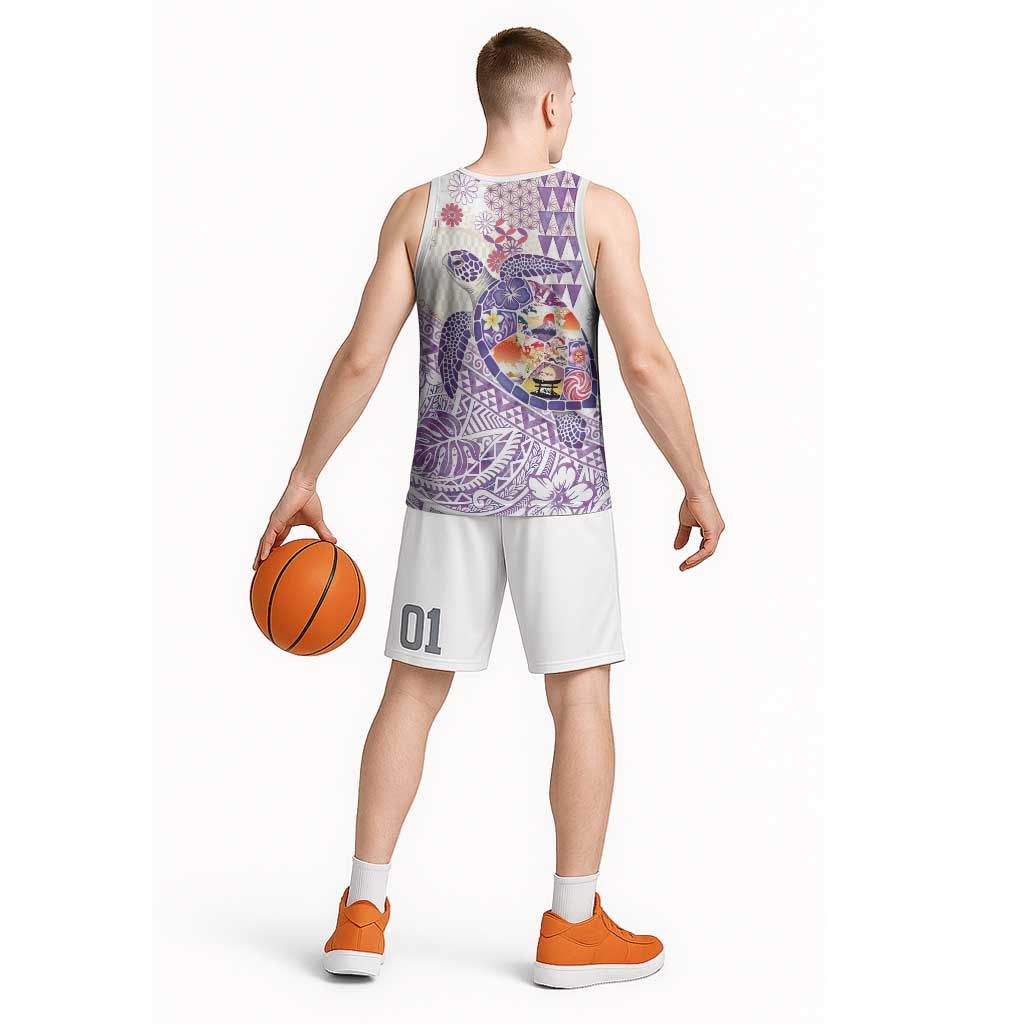 Hawaiian and Japanese Culture Together Basketball Jersey Tropical Honu with Japanese Elements Purple Color