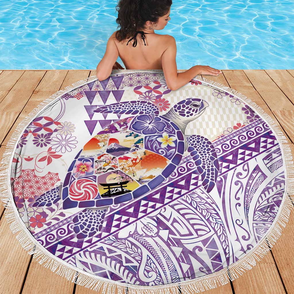 Hawaiian and Japanese Culture Together Beach Blanket Tropical Honu with Japanese Elements Purple Color LT03 - Polynesian Pride