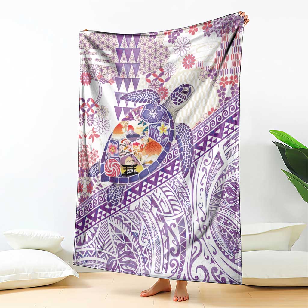 Hawaiian and Japanese Culture Together Blanket Tropical Honu with Japanese Elements Purple Color
