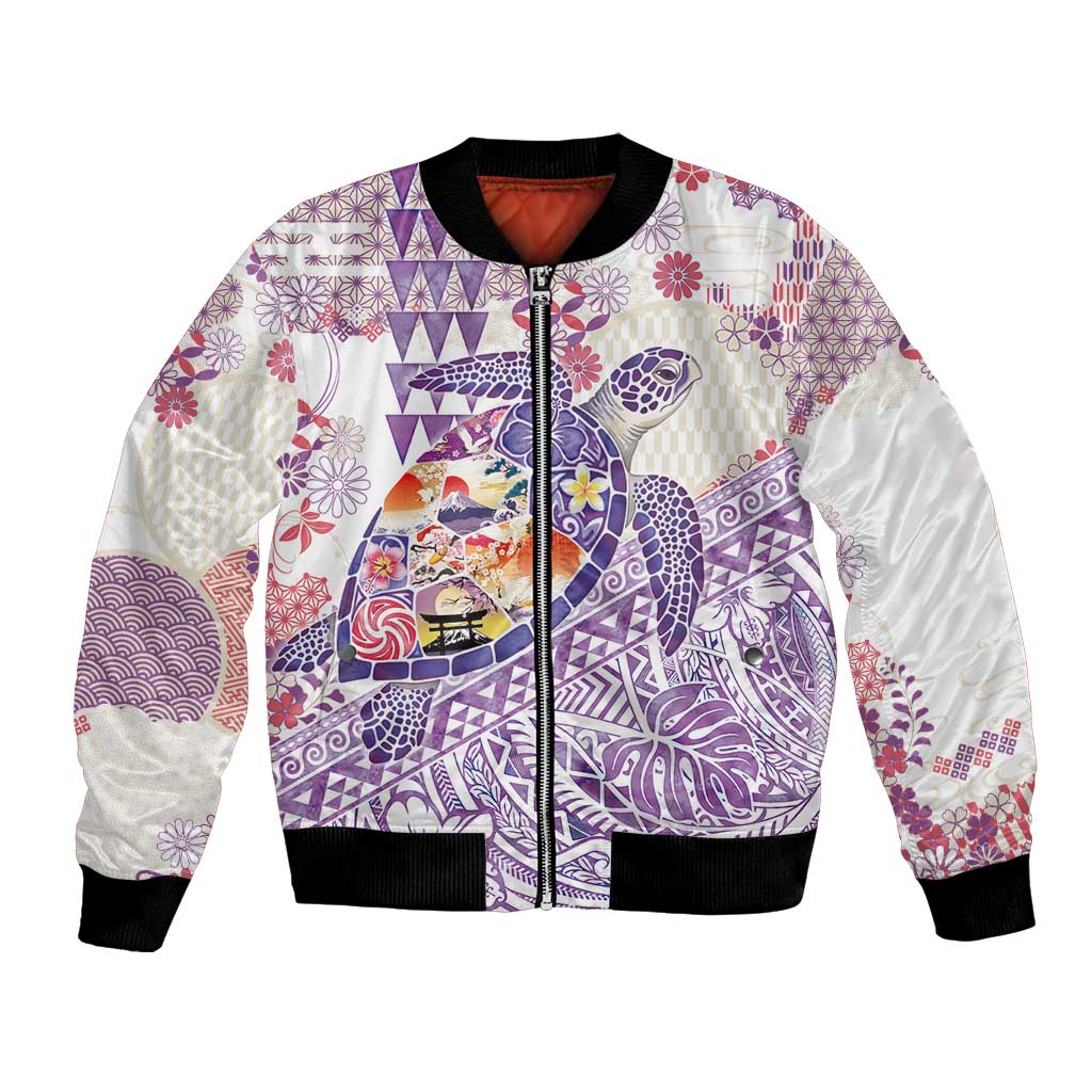 Hawaiian and Japanese Culture Together Bomber Jacket Tropical Honu with Japanese Elements Purple Color LT03 Unisex Purple - Polynesian Pride