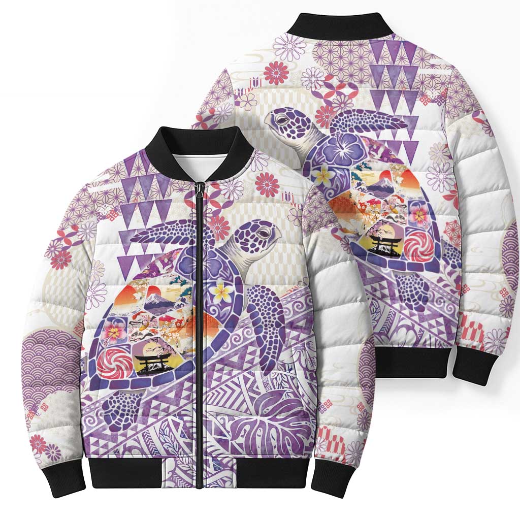 Hawaiian and Japanese Culture Together Bomber Puffer Jacket Tropical Honu with Japanese Elements Purple Color LT03 - Polynesian Pride