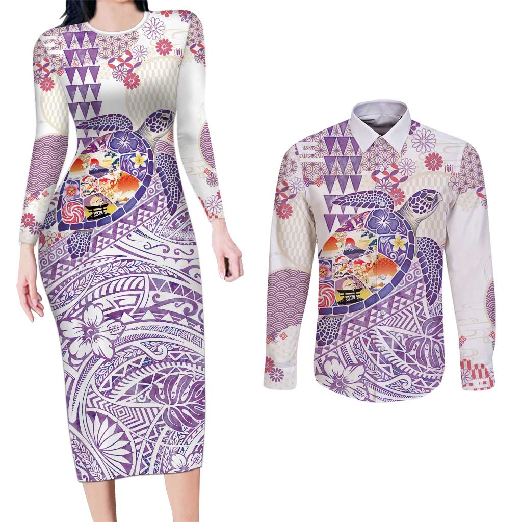 Hawaiian and Japanese Culture Together Couples Matching Long Sleeve Bodycon Dress and Long Sleeve Button Shirt Tropical Honu with Japanese Elements Purple Color