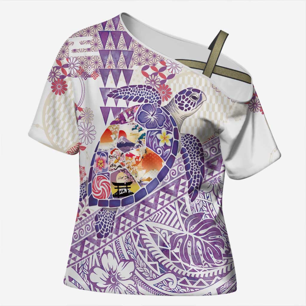Hawaiian and Japanese Culture Together Cross Shoulder Shirt Tropical Honu with Japanese Elements Purple Color LT03 Female Purple - Polynesian Pride