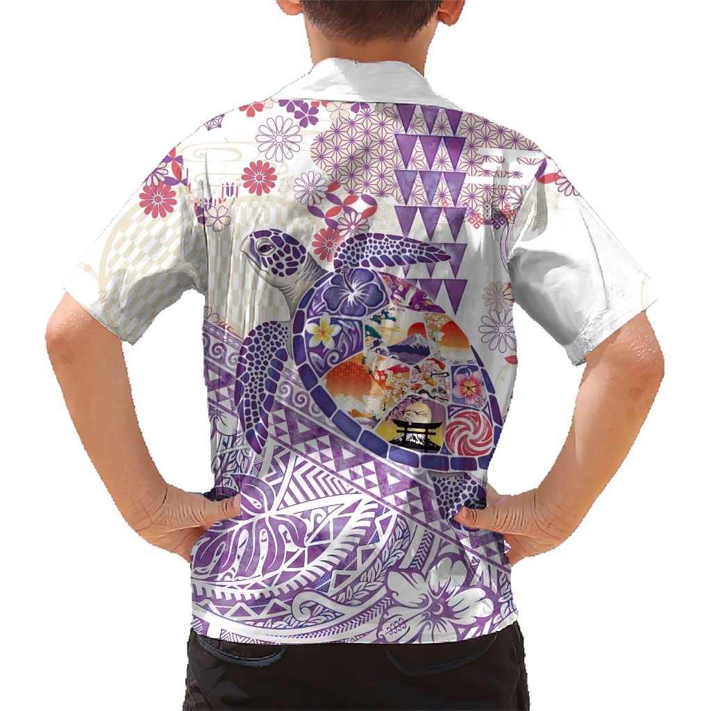 Hawaiian and Japanese Culture Together Family Matching Off The Shoulder Long Sleeve Dress and Hawaiian Shirt Tropical Honu with Japanese Elements Purple Color