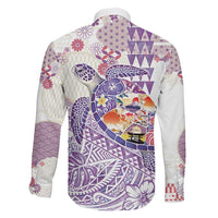 Hawaiian and Japanese Culture Together Family Matching Off The Shoulder Long Sleeve Dress and Hawaiian Shirt Tropical Honu with Japanese Elements Purple Color
