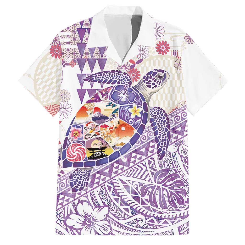 Hawaiian and Japanese Culture Together Family Matching Off Shoulder Maxi Dress and Hawaiian Shirt Tropical Honu with Japanese Elements Purple Color