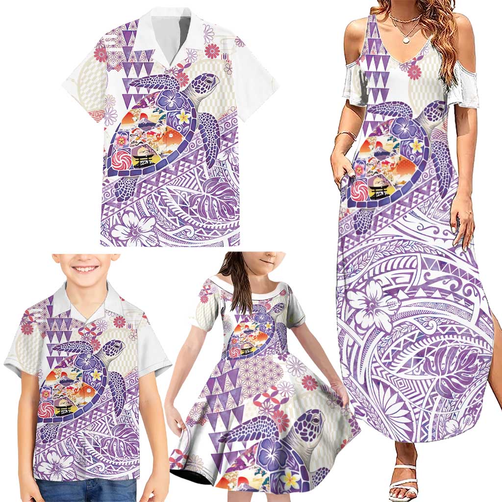 Hawaiian and Japanese Culture Together Family Matching Summer Maxi Dress and Hawaiian Shirt Tropical Honu with Japanese Elements Purple Color