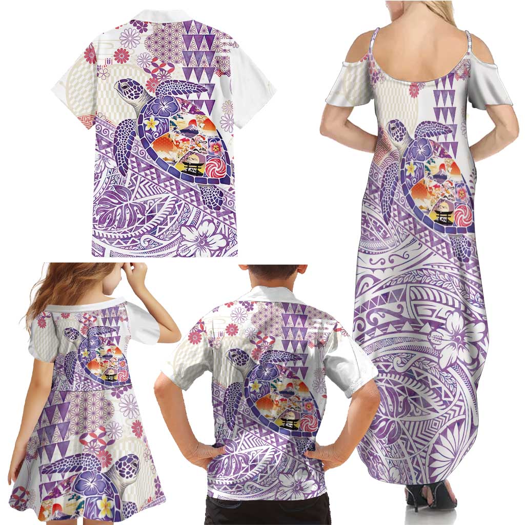 Hawaiian and Japanese Culture Together Family Matching Summer Maxi Dress and Hawaiian Shirt Tropical Honu with Japanese Elements Purple Color