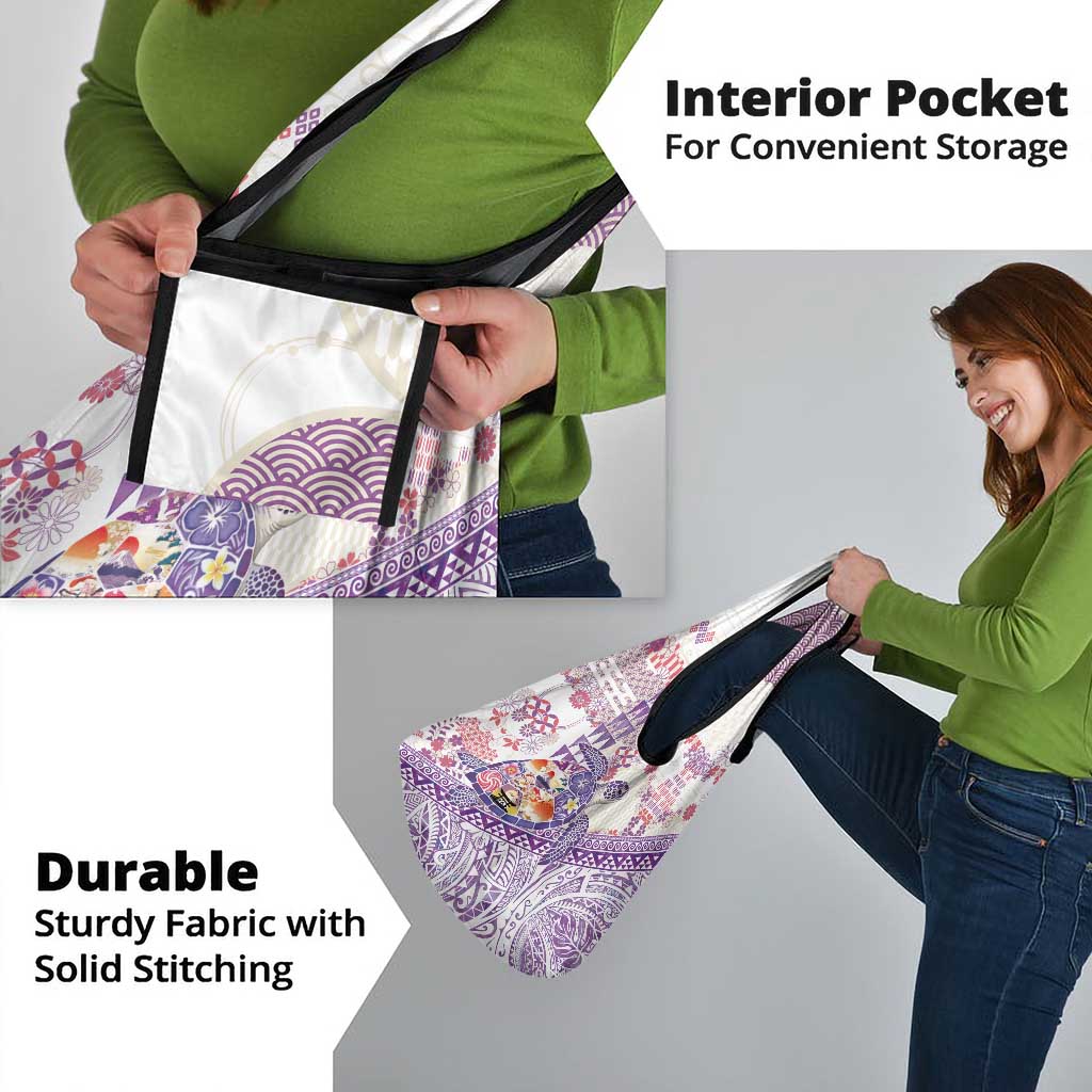 Hawaiian and Japanese Culture Together Grocery Bag Tropical Honu with Japanese Elements Purple Color