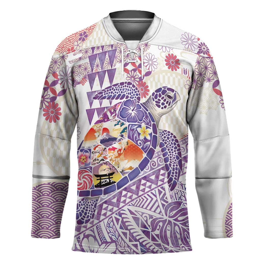 Hawaiian and Japanese Culture Together Hockey Jersey Tropical Honu with Japanese Elements Purple Color LT03 Unisex Purple - Polynesian Pride