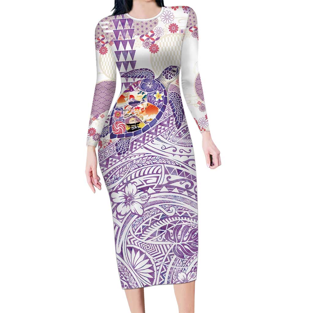Hawaiian and Japanese Culture Together Long Sleeve Bodycon Dress Tropical Honu with Japanese Elements Purple Color LT03 Long Dress Purple - Polynesian Pride