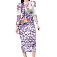 Hawaiian and Japanese Culture Together Long Sleeve Bodycon Dress Tropical Honu with Japanese Elements Purple Color