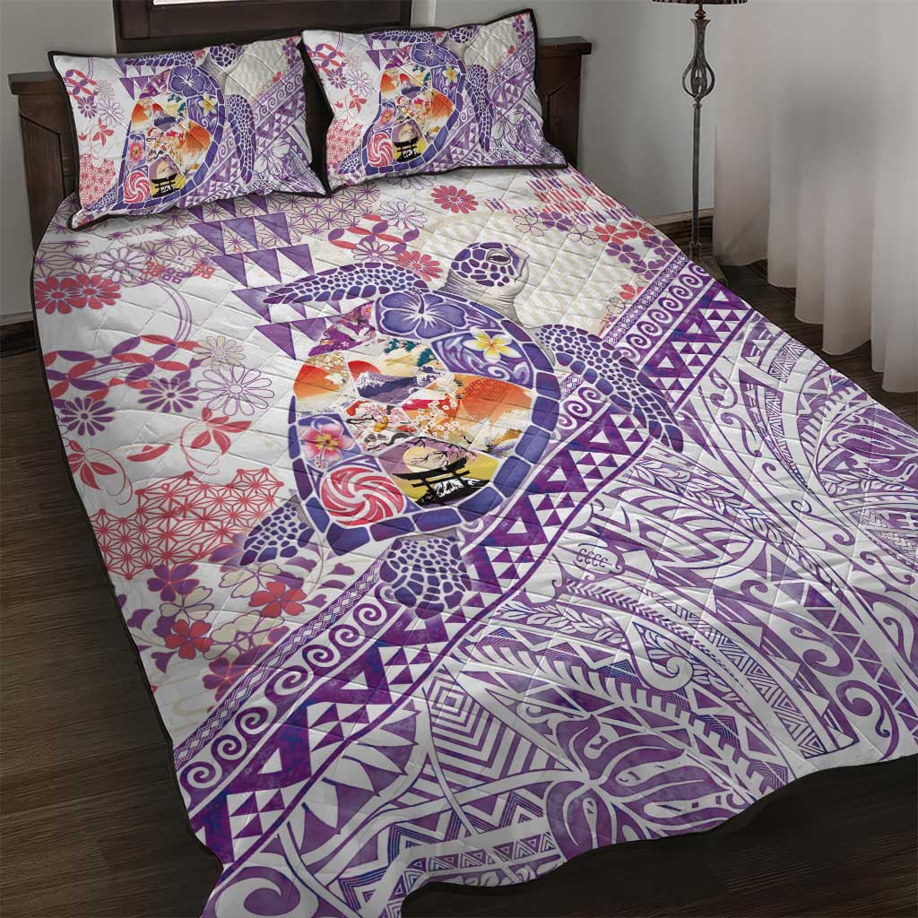 Hawaiian and Japanese Culture Together Quilt Bed Set Tropical Honu with Japanese Elements Purple Color LT03 Purple - Polynesian Pride