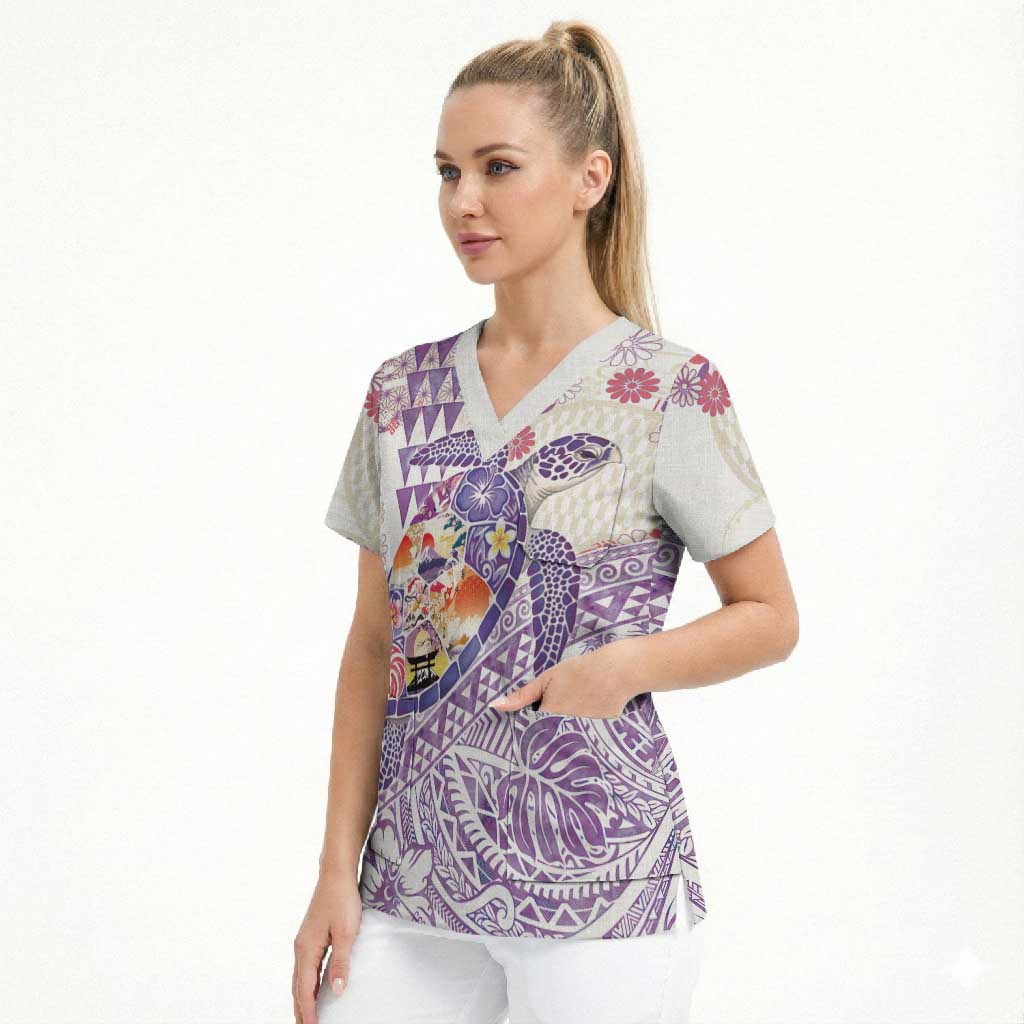 Hawaiian and Japanese Culture Together Scrub Top Tropical Honu with Japanese Elements Purple Color LT03 - Polynesian Pride