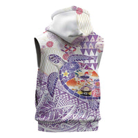 Hawaiian and Japanese Culture Together Sleeveless Zip Hoodie Tropical Honu with Japanese Elements Purple Color