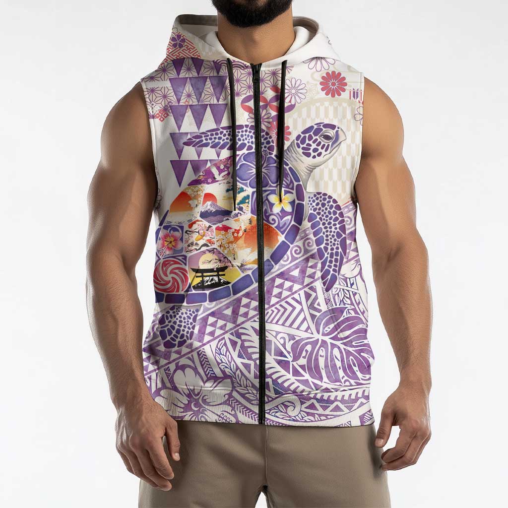 Hawaiian and Japanese Culture Together Sleeveless Zip Hoodie Tropical Honu with Japanese Elements Purple Color