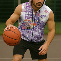 Hawaiian and Japanese Culture Together Sleeveless Zip Hoodie Tropical Honu with Japanese Elements Purple Color