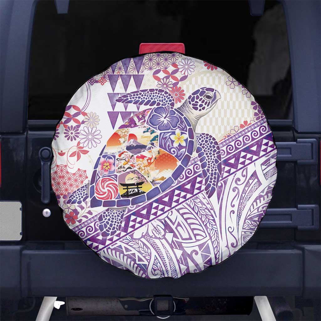 Hawaiian and Japanese Culture Together Spare Tire Cover Tropical Honu with Japanese Elements Purple Color