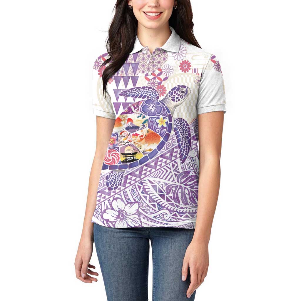 Hawaiian and Japanese Culture Together Women Polo Shirt Tropical Honu with Japanese Elements Purple Color