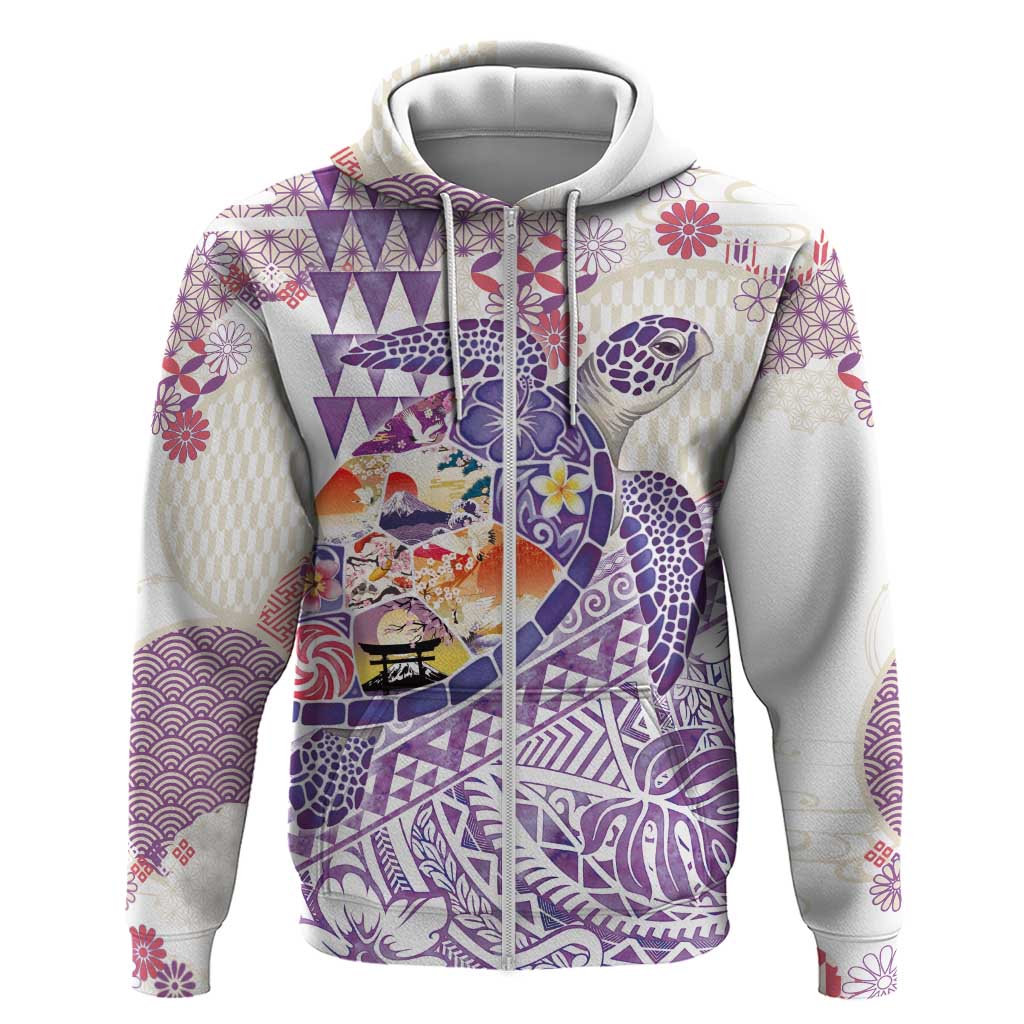 Hawaiian and Japanese Culture Together Zip Hoodie Tropical Honu with Japanese Elements Purple Color LT03 Zip Hoodie Purple - Polynesian Pride