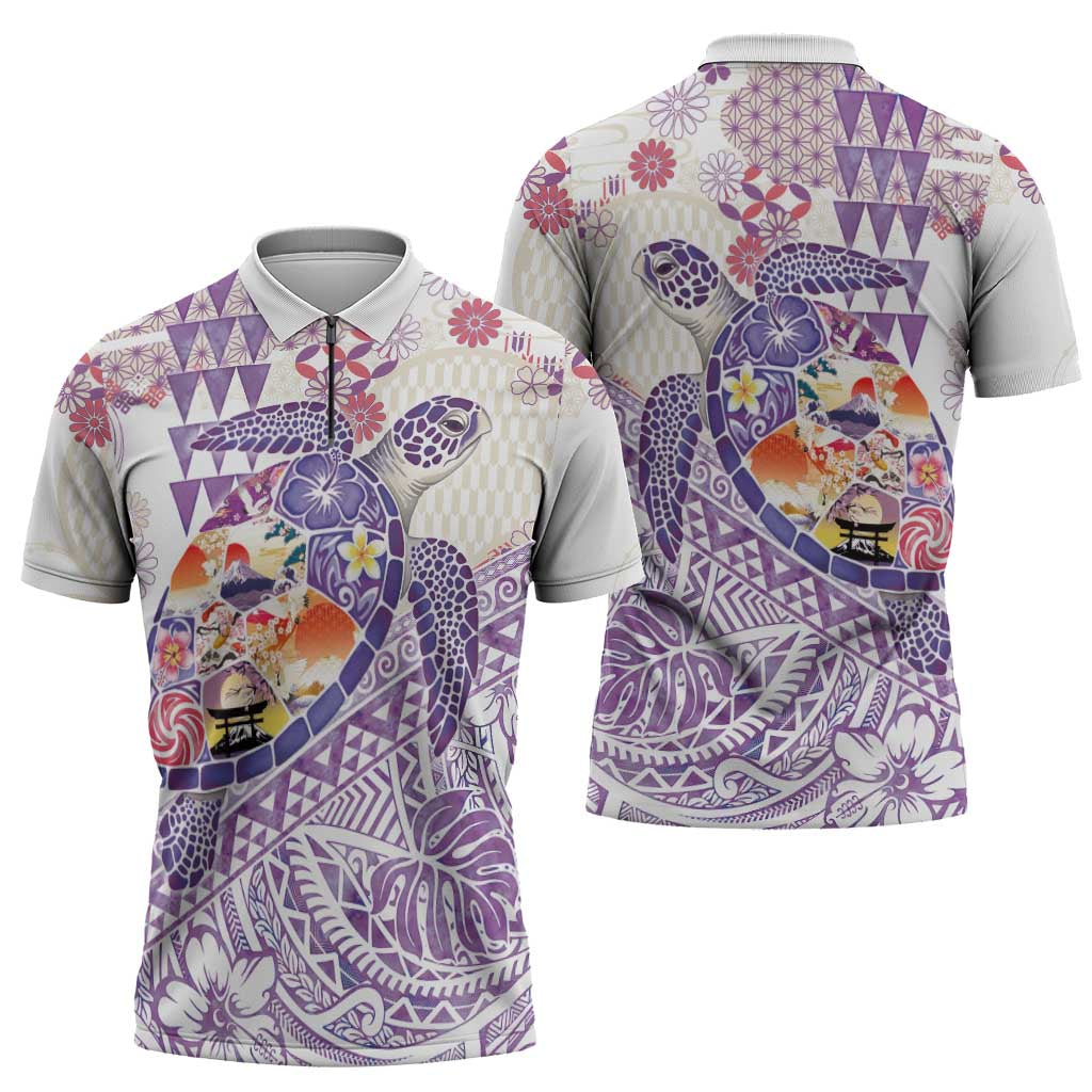 Hawaiian and Japanese Culture Together Zipper Polo Shirt Tropical Honu with Japanese Elements Purple Color