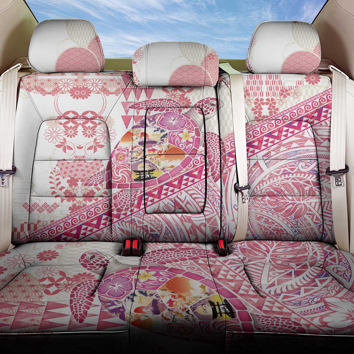 Hawaiian and Japanese Culture Together Back Car Seat Cover Tropical Honu with Japanese Elements Pink Color LT03 One Size Pink - Polynesian Pride