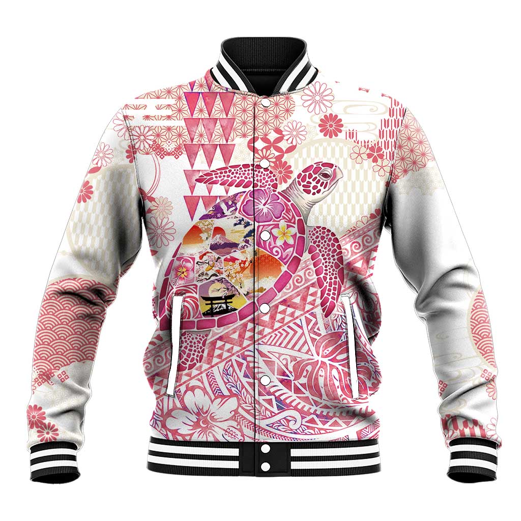 Hawaiian and Japanese Culture Together Baseball Jacket Tropical Honu with Japanese Elements Pink Color LT03 Unisex Pink - Polynesian Pride