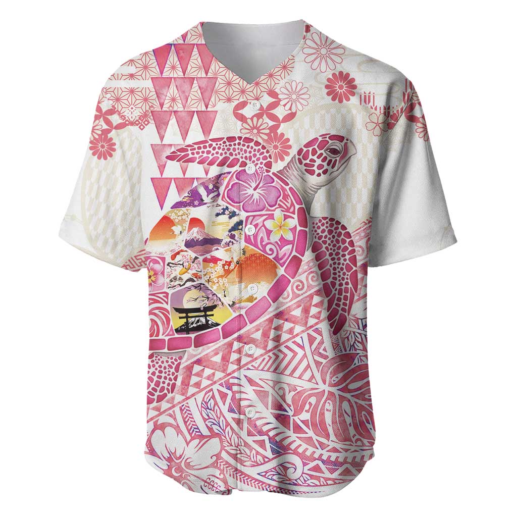 Hawaiian and Japanese Culture Together Baseball Jersey Tropical Honu with Japanese Elements Pink Color LT03 Pink - Polynesian Pride